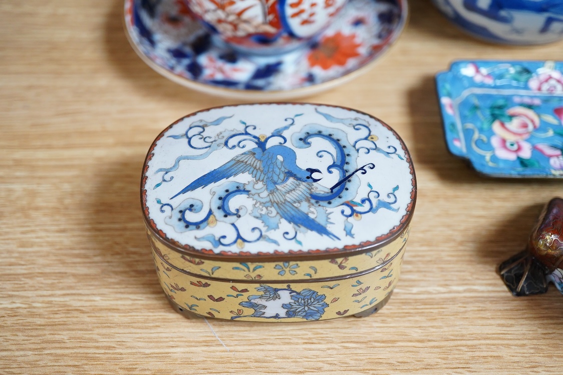 A pair of Chinese blue and white vases and covers and three other items, together with Japanese ceramics, cloisonné and Canton enamelware (11)